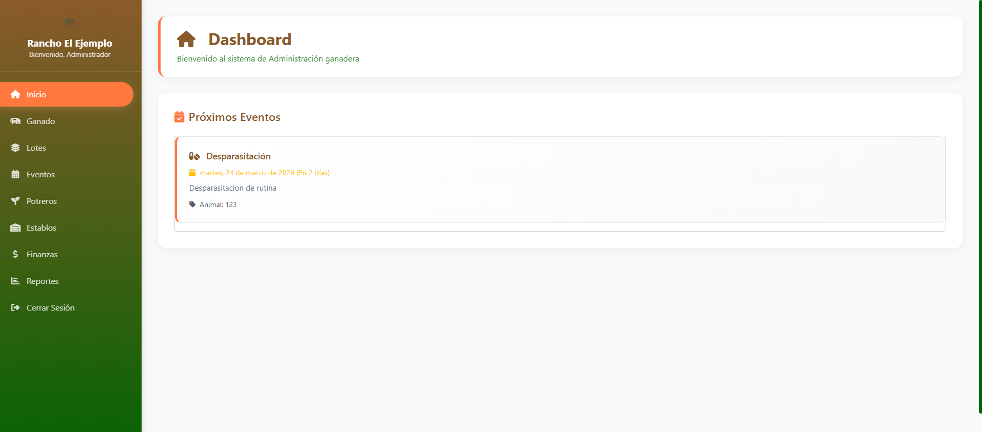 Dashboard principal de Rancho Gestión