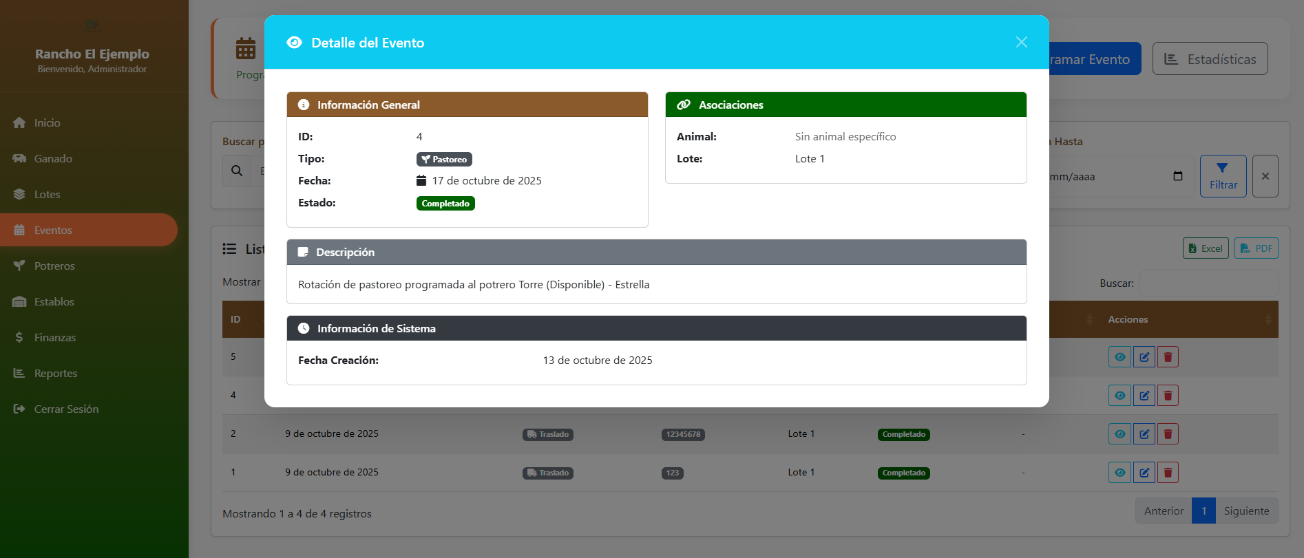 Captura del módulo de eventos