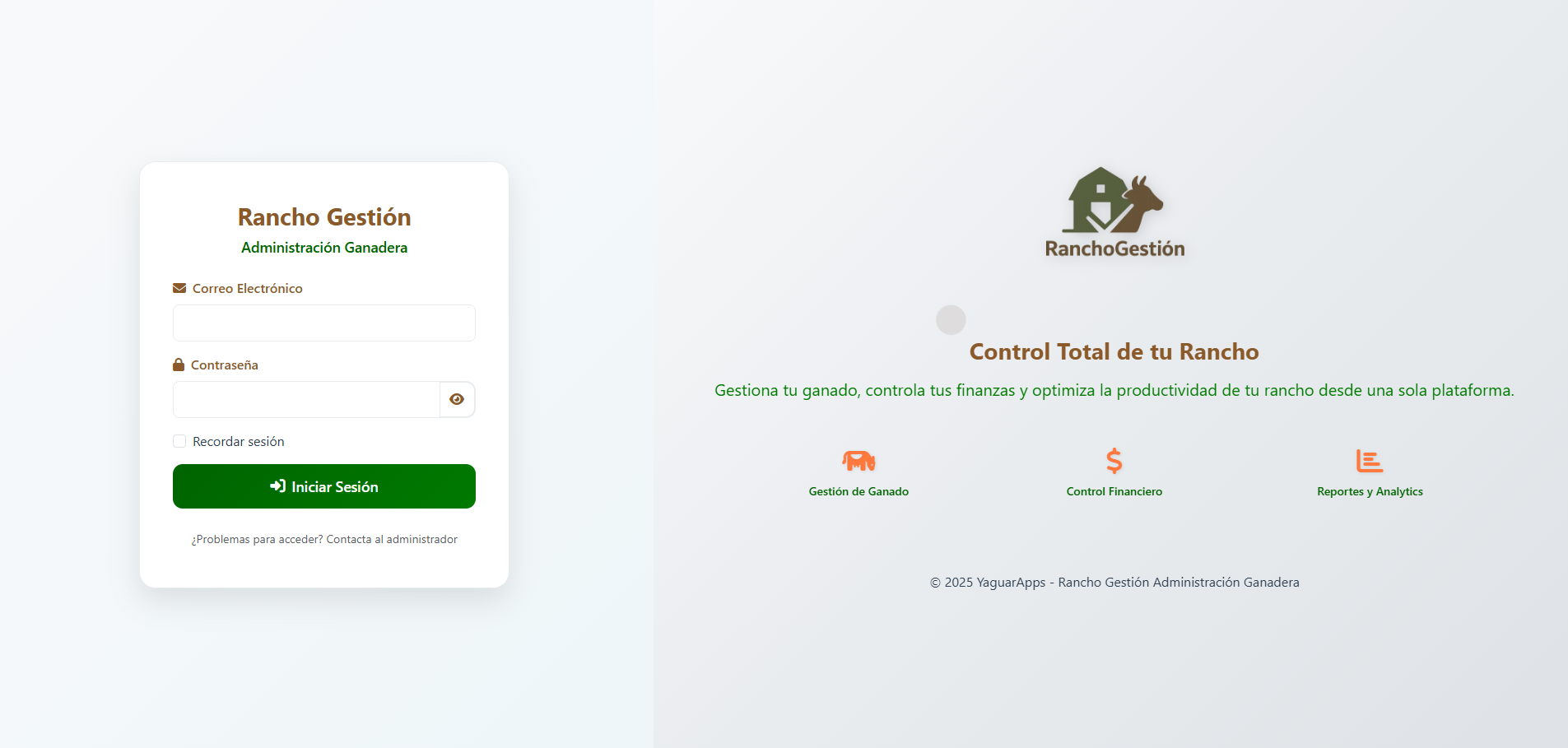 Pantalla de inicio de sesión de Rancho Gestión