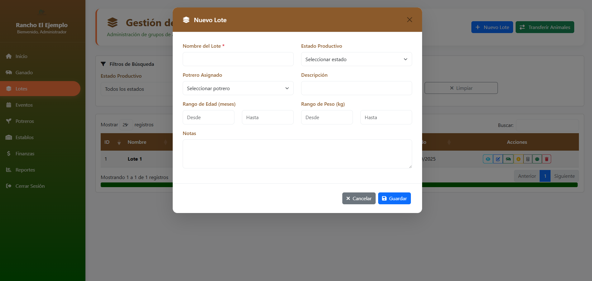 Captura del módulo de lotes de animales