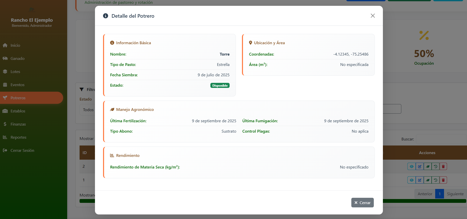 Captura del módulo de potreros