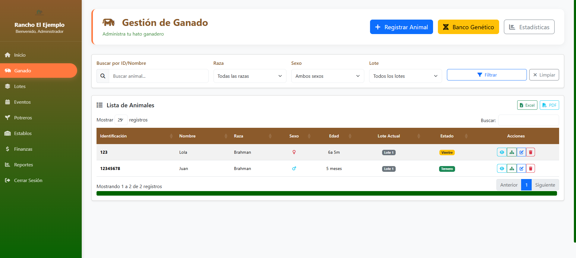 Captura principal del sistema Rancho Gestión